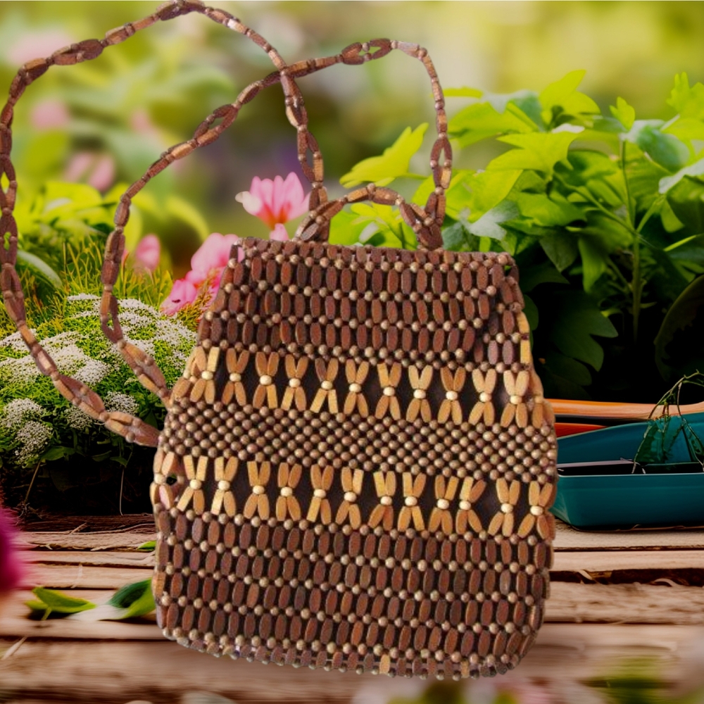 Handcrafted Brown Wooded Beaded Backpack Purse Women Bag